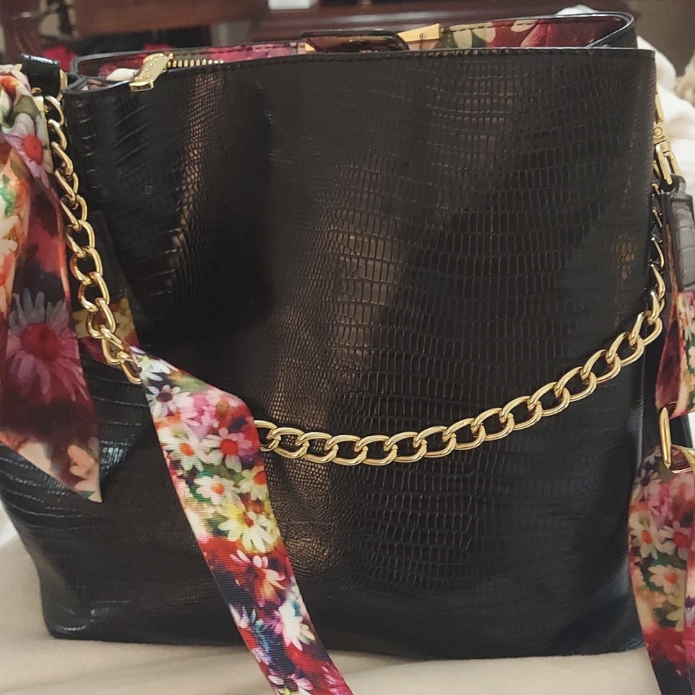 Betsey Johnson Black Croc-Embossed Tote with Floral Trim Crossbody